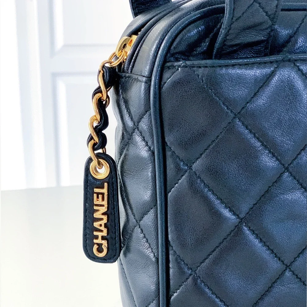 CHANEL Black Leather Gold Chain Small Top Handle Satchel Bag